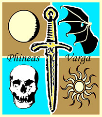 Phineas Varga logo depicts the Nunnink sword at center surrounded by a moon, a wing, a revenant skull and a sun.
